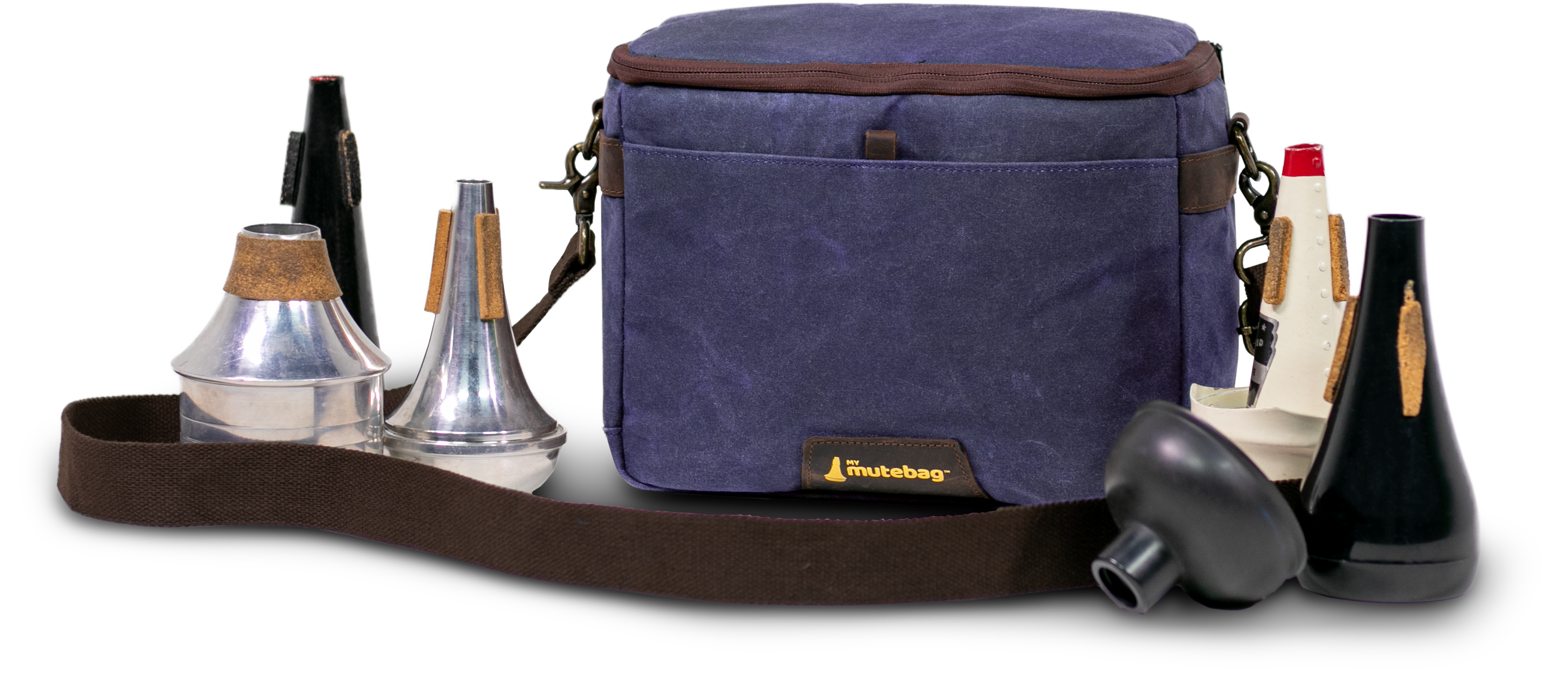 Blue trumpet bag with mutes